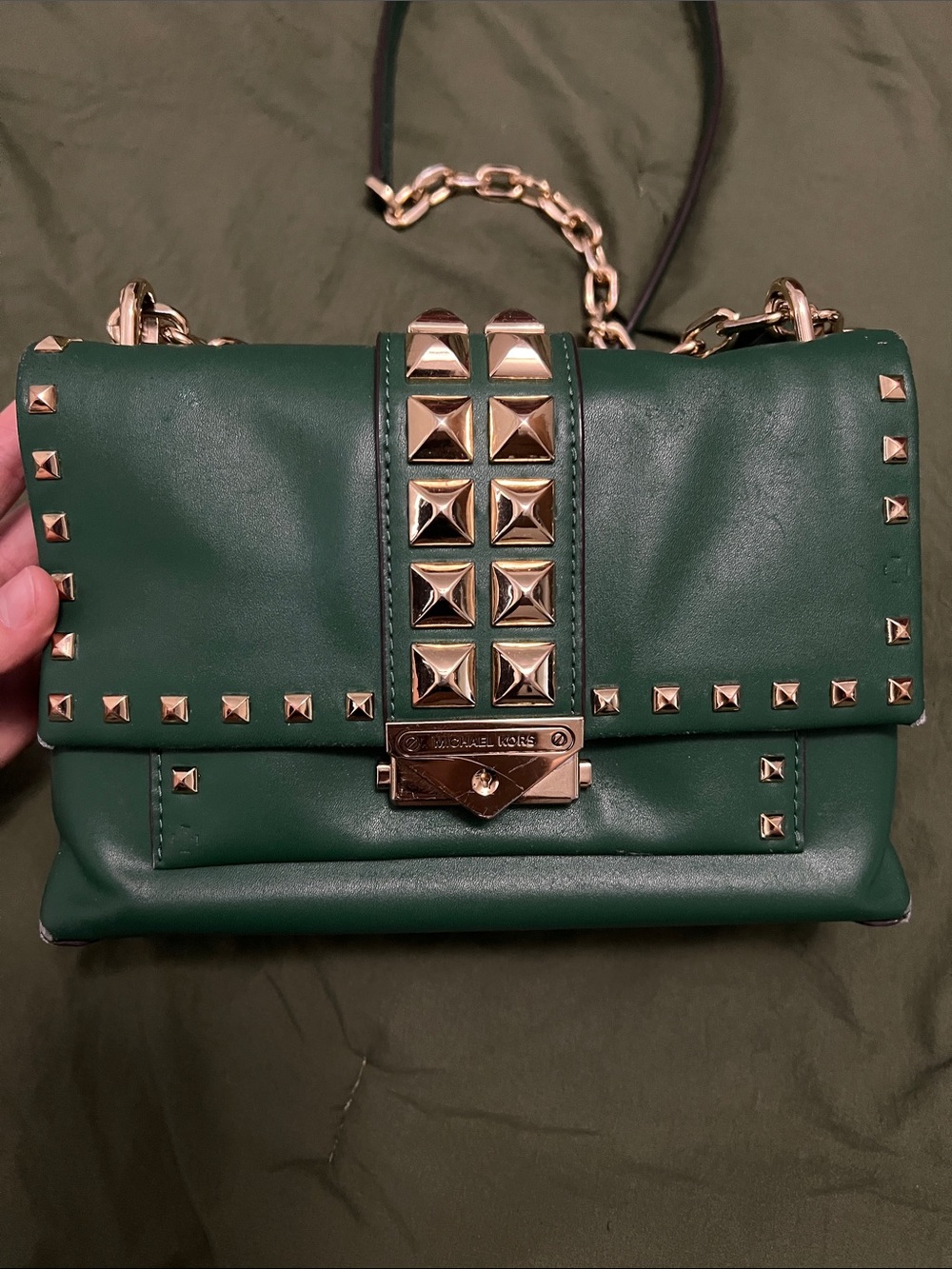 Michael Kors Emerald Green Studded Leather Crossbody Bag